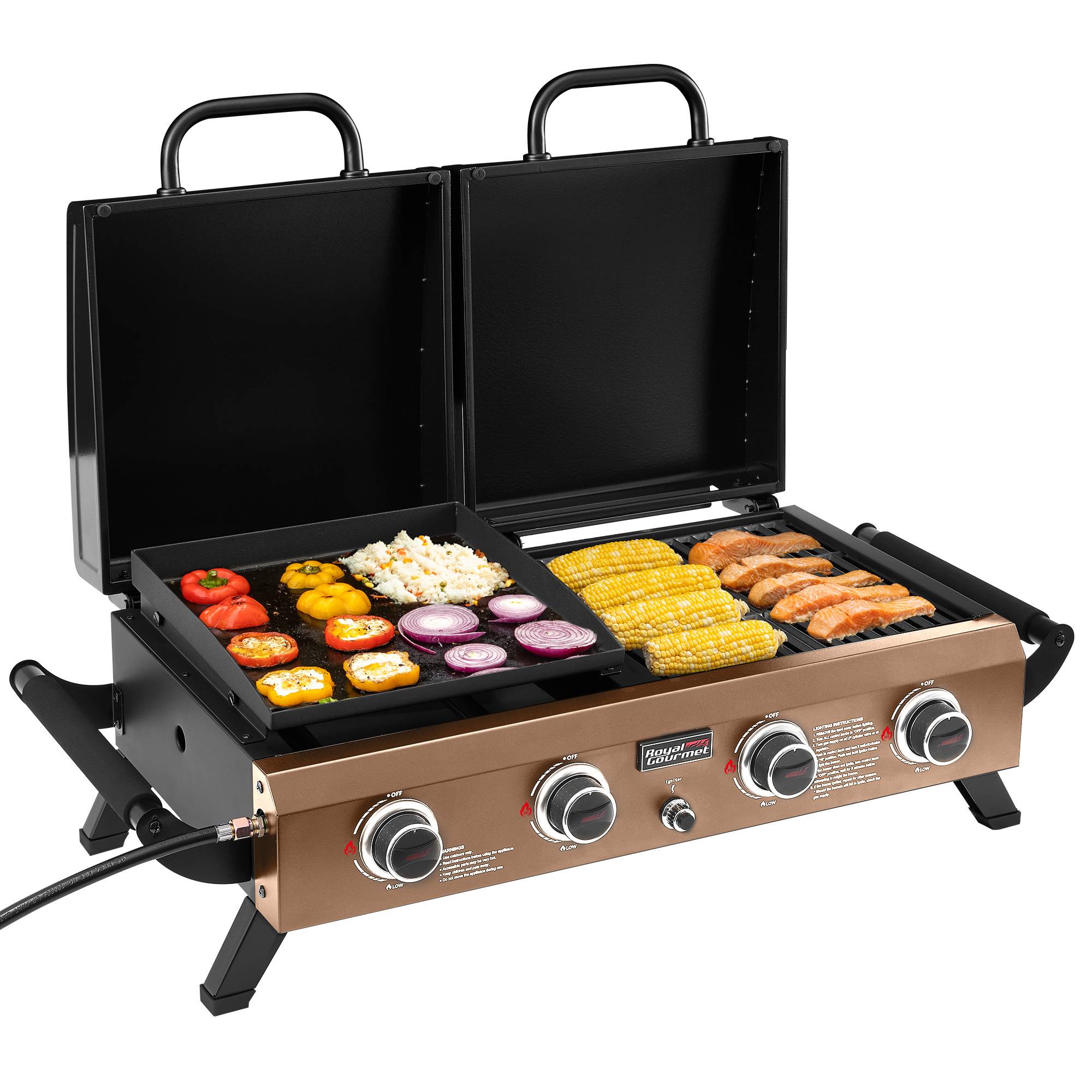 Royal Gourmet GD4002TPY 4-Burner Portable Tabletop Grill & Griddle Combo with Hood, 40,000 BTU, Bronze Gold