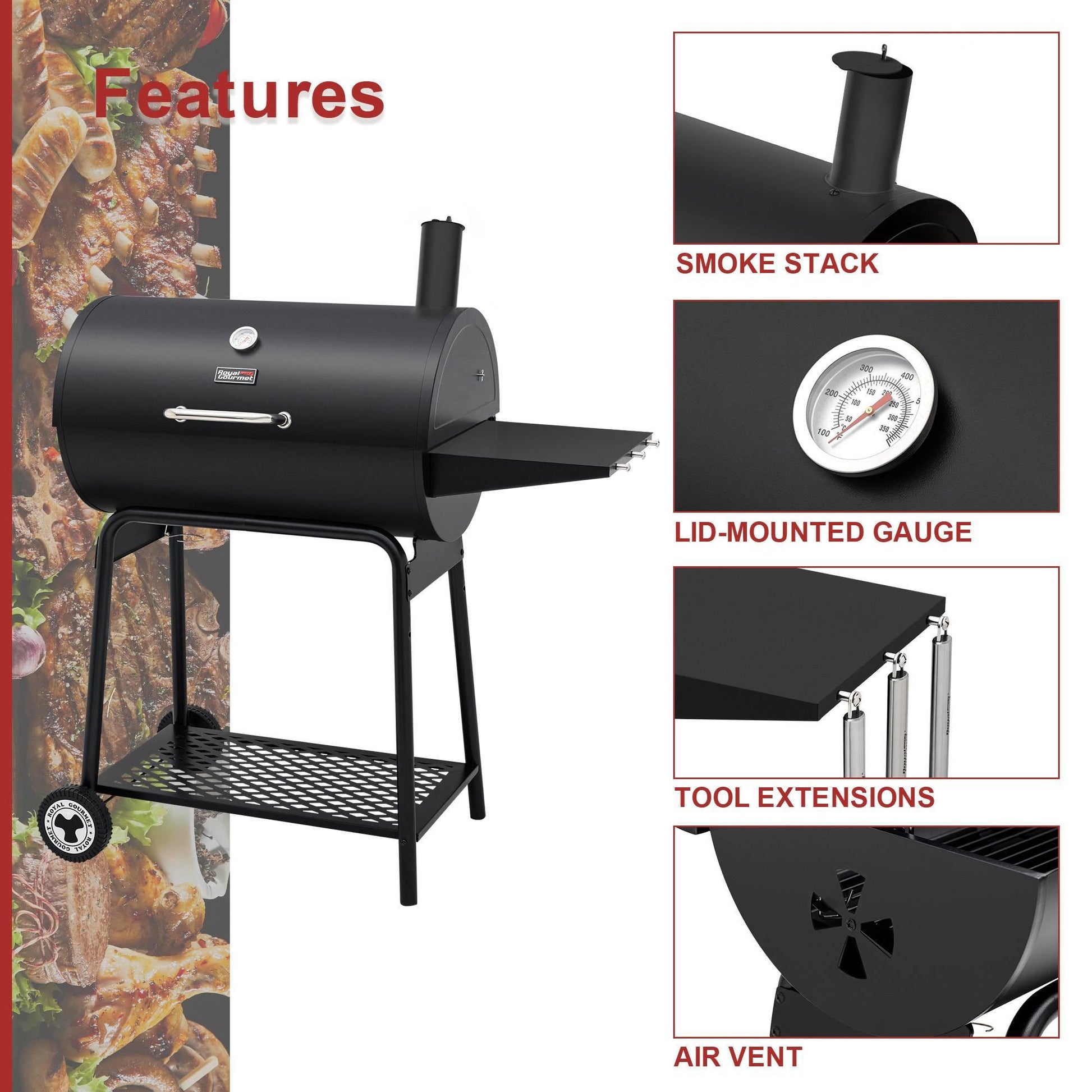 30-Inch Barrel Charcoal Grill with Side Table - Royal Gourmet