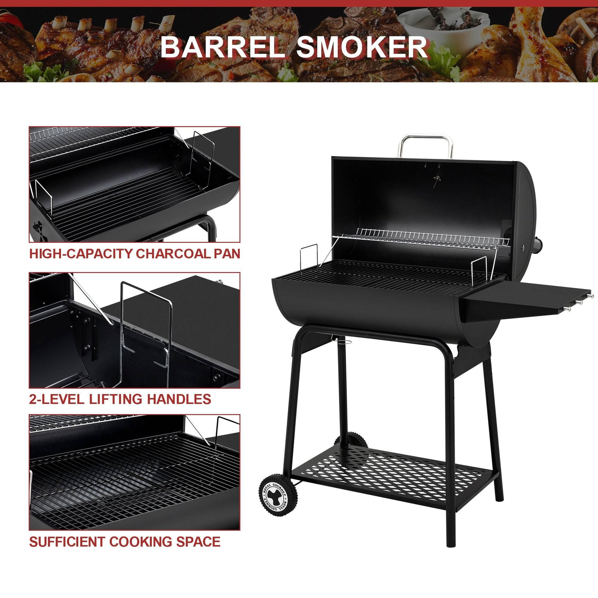 30-Inch Barrel Charcoal Grill with Side Table - Royal Gourmet