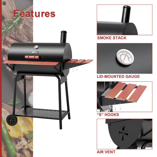 30-Inch Barrel Charcoal Grill with Wood-Painted Table - Royal Gourmet