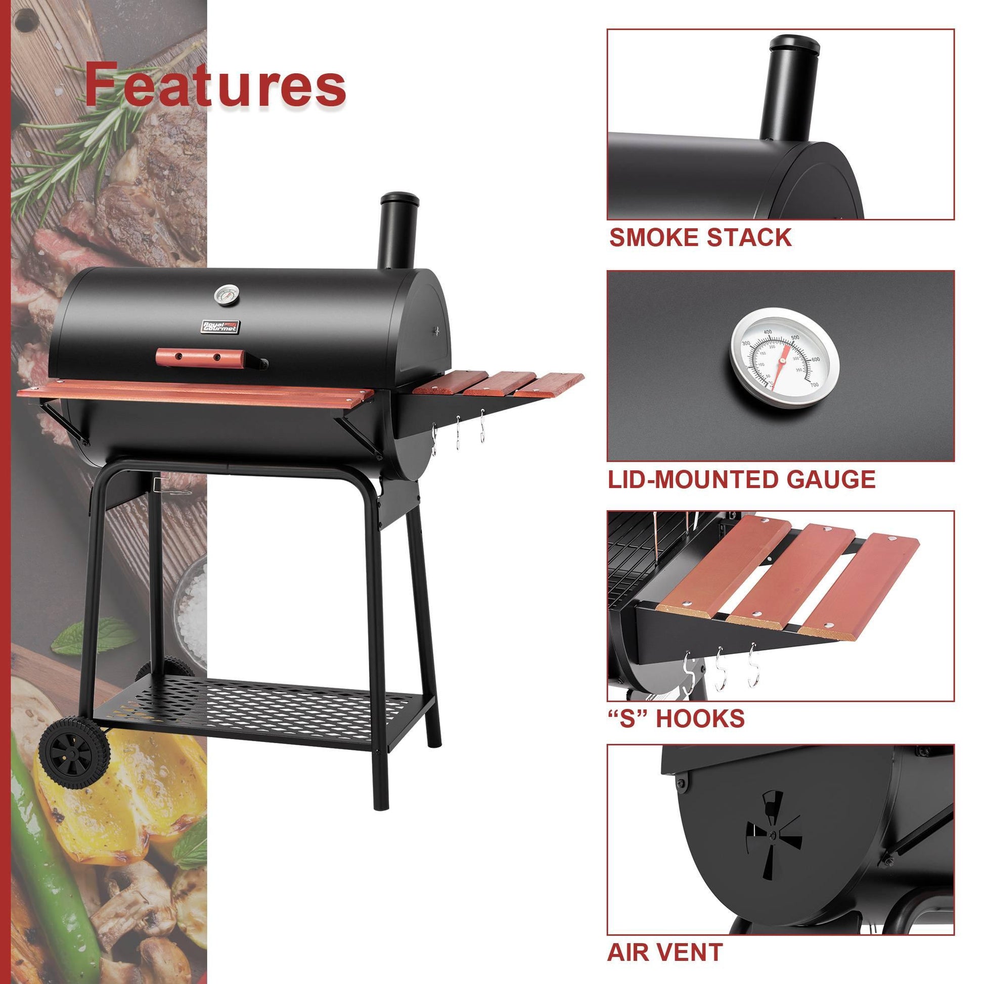 30-Inch Barrel Charcoal Grill with Wood-Painted Table - Royal Gourmet