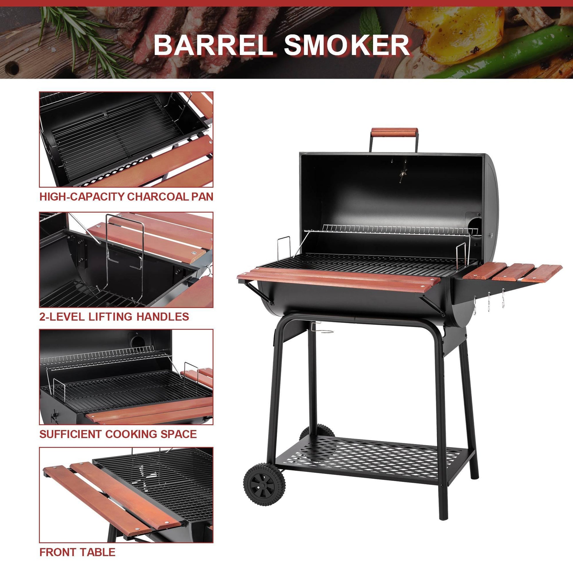 30-Inch Barrel Charcoal Grill with Wood-Painted Table - Royal Gourmet