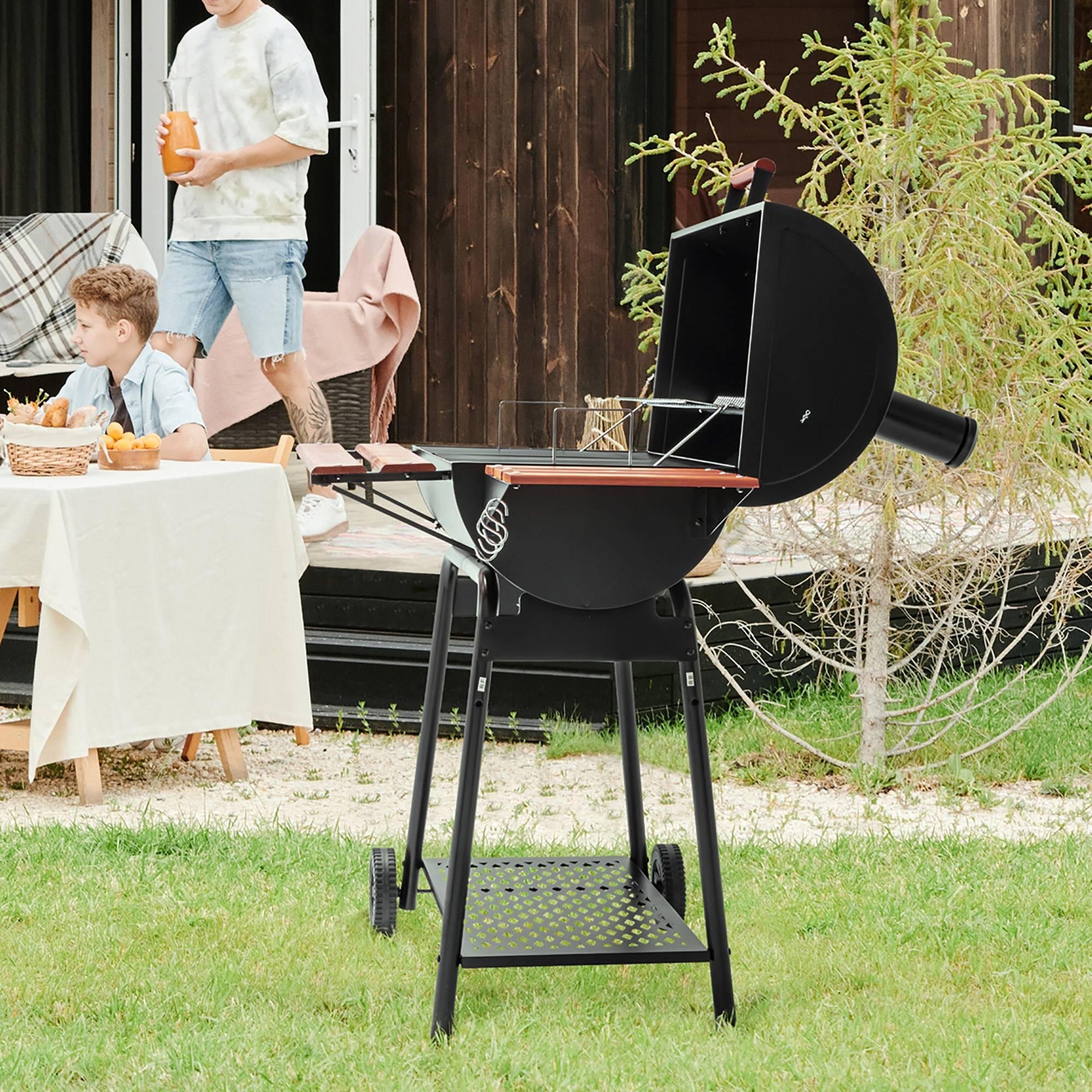 30-Inch Barrel Charcoal Grill with Wood-Painted Table - Royal Gourmet