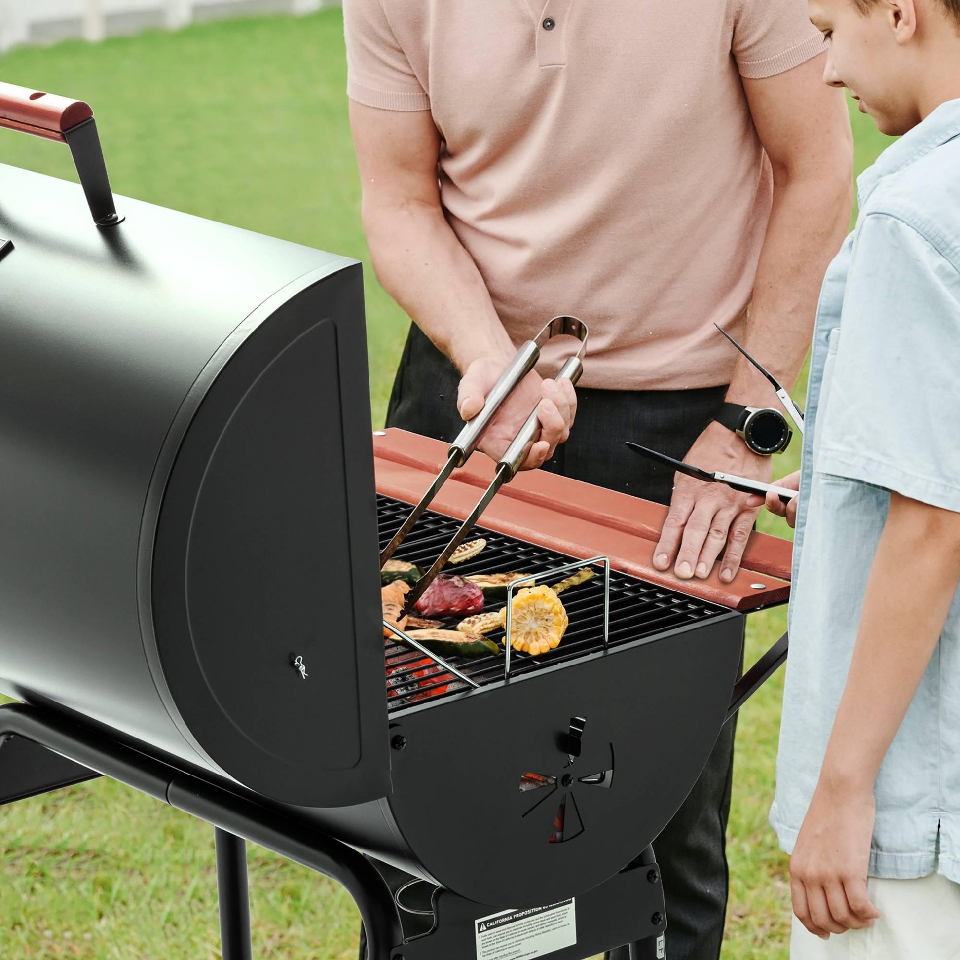 30-Inch Barrel Charcoal Grill with Wood-Painted Table - Royal Gourmet