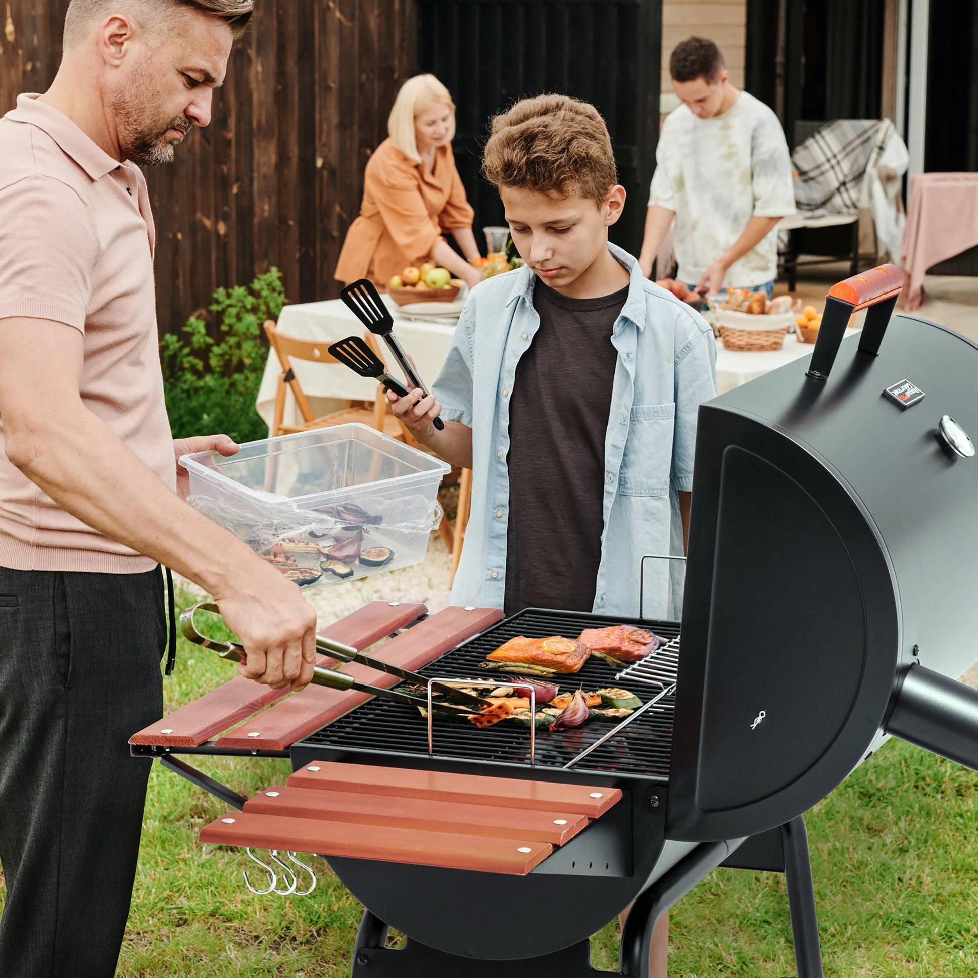 30-Inch Barrel Charcoal Grill with Wood-Painted Table - Royal Gourmet