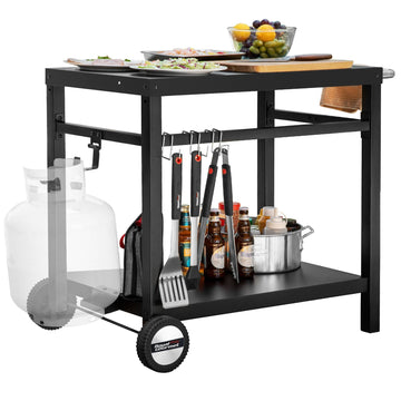Black Double Shelf Grill Cart with Wheels
