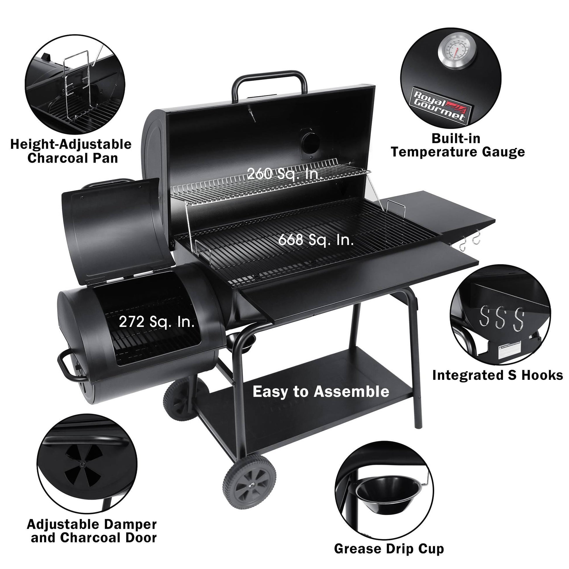 Charcoal Barrel Grill with Offset Smoker - Royal Gourmet