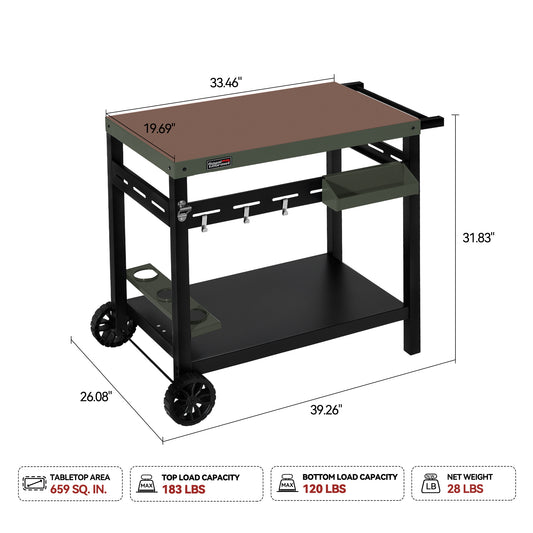 Royal Gourmet Grill Cart Table with Bottle Opener Indoor/Outdoor Easily Mobility with 2 Wheels and Multifunctional Side Handle