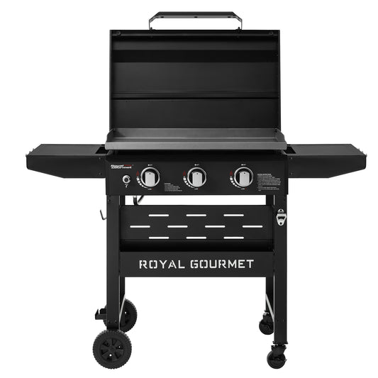 Royal Gourmet, Griddle with Collapsible Side Shelves, 3-Burner Gas Griddle with Hood, Black