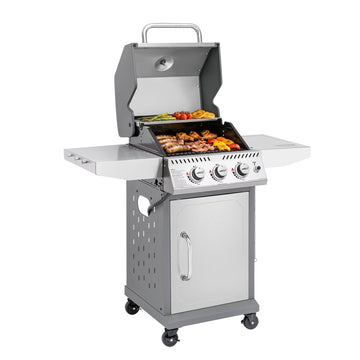 A stainless steel outdoor Royal Gourmet gas grill with three control knobs, side tables on both sides, and a lid that is open to show food cooking inside. The grill is photographed on a clean white background.