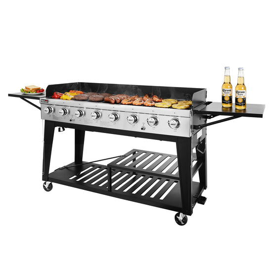 Royal Gourmet Large outdoor grill with food and beer bottles on a white background