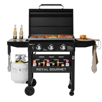 Royal Gourmet, Griddle with Collapsible Side Shelves, 3-Burner Gas Griddle with Hood, Black