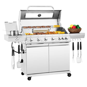 White Royal Gourmet gas grill with food on a white background