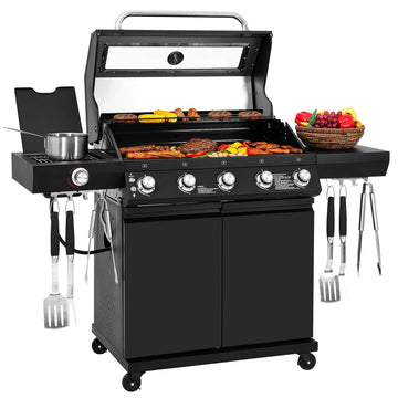  Royal Gourmet Black barbecue grill with food and utensils on a white background