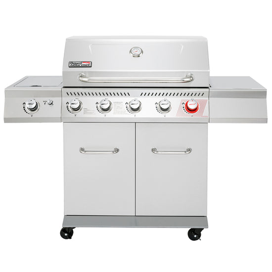 Stainless steel Royal Gourmet  grill with multiple burners and control knobs on a white background