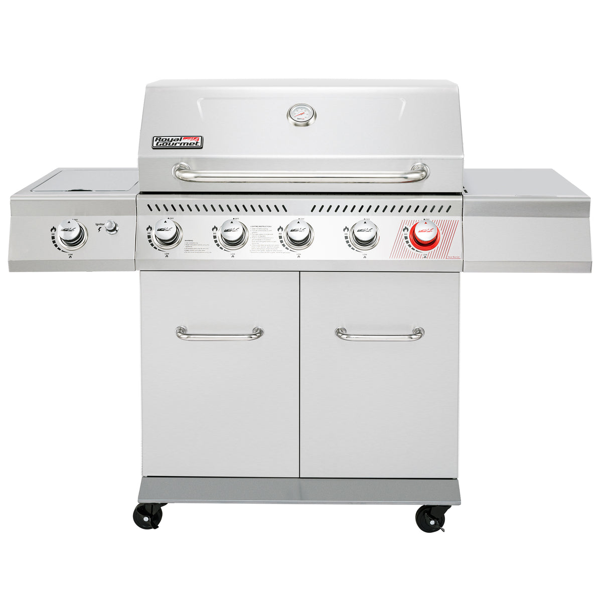 Stainless steel Royal Gourmet  grill with multiple burners and control knobs on a white background