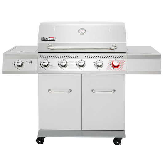 Stainless steel Royal Gourmet  grill with multiple burners and control knobs on a white background