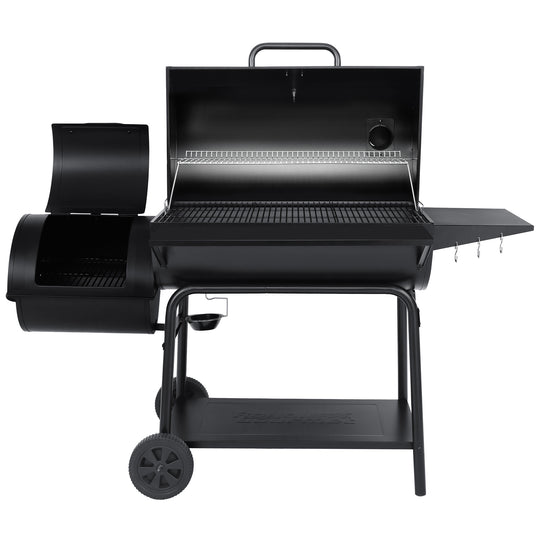 Black barbecue grill with side shelf on a white background