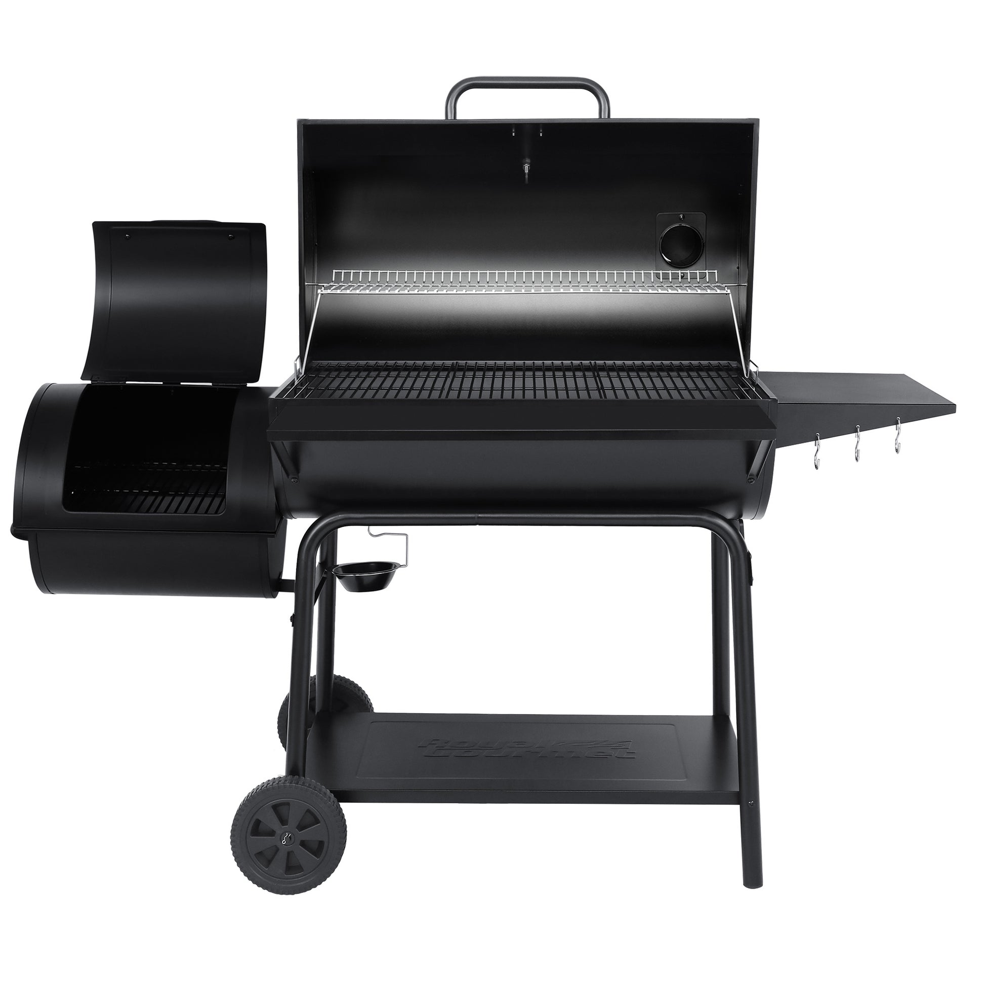 Black barbecue grill with side shelf on a white background