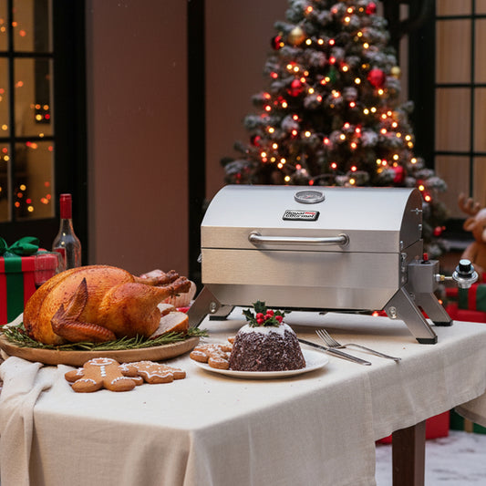 BBQ Tabletop Gas Grill with Folding Legs and Lockable Lid