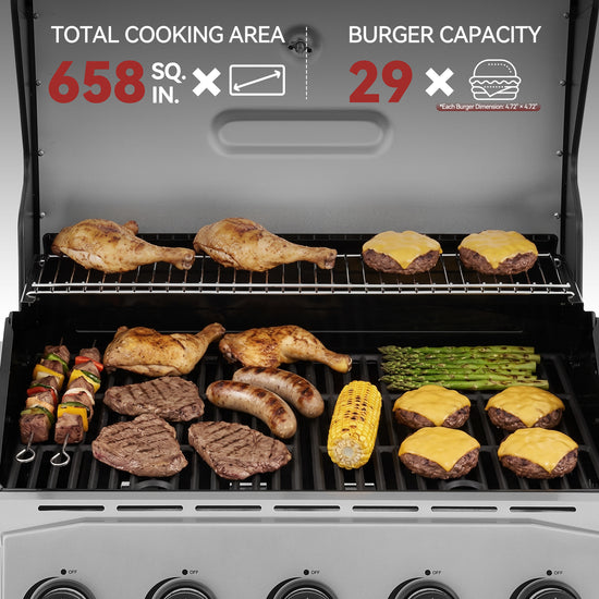 A stainless steel Royal Gourmet gas grill shown open with food cooking on the grates: chicken legs, steaks, sausages, asparagus, corn, and burgers with cheese. Large overlaid text at the top reads 'TOTAL COOKING AREA 658 SQ IN.