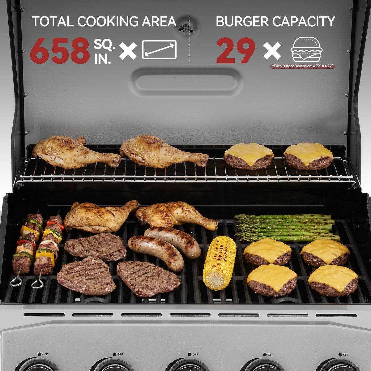 A stainless steel Royal Gourmet gas grill shown open with food cooking on the grates: chicken legs, steaks, sausages, asparagus, corn, and burgers with cheese. Large overlaid text at the top reads 'TOTAL COOKING AREA 658 SQ IN.