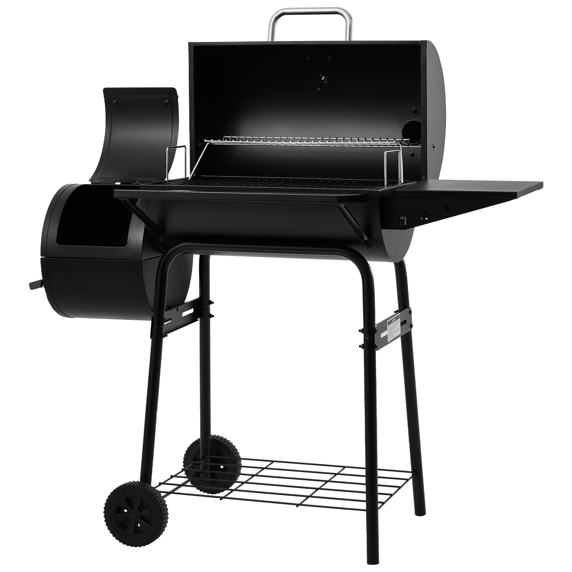 Black barbecue grill with wheels on a white background