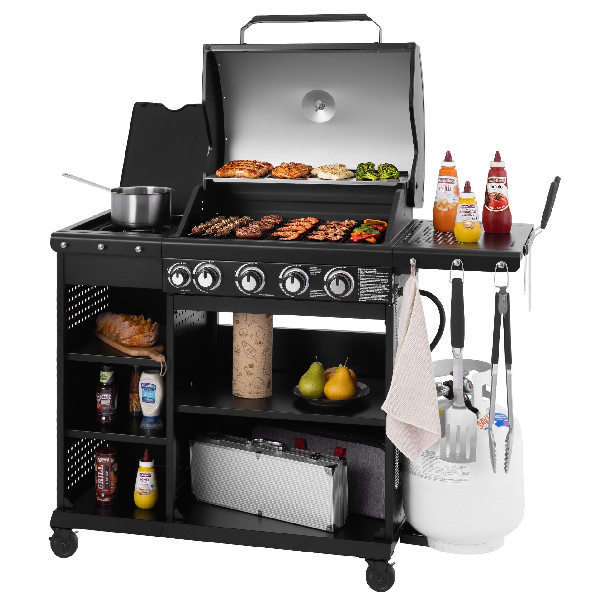 Black Royal Gourmet barbecue grill with cooking utensils and ingredients on a white background