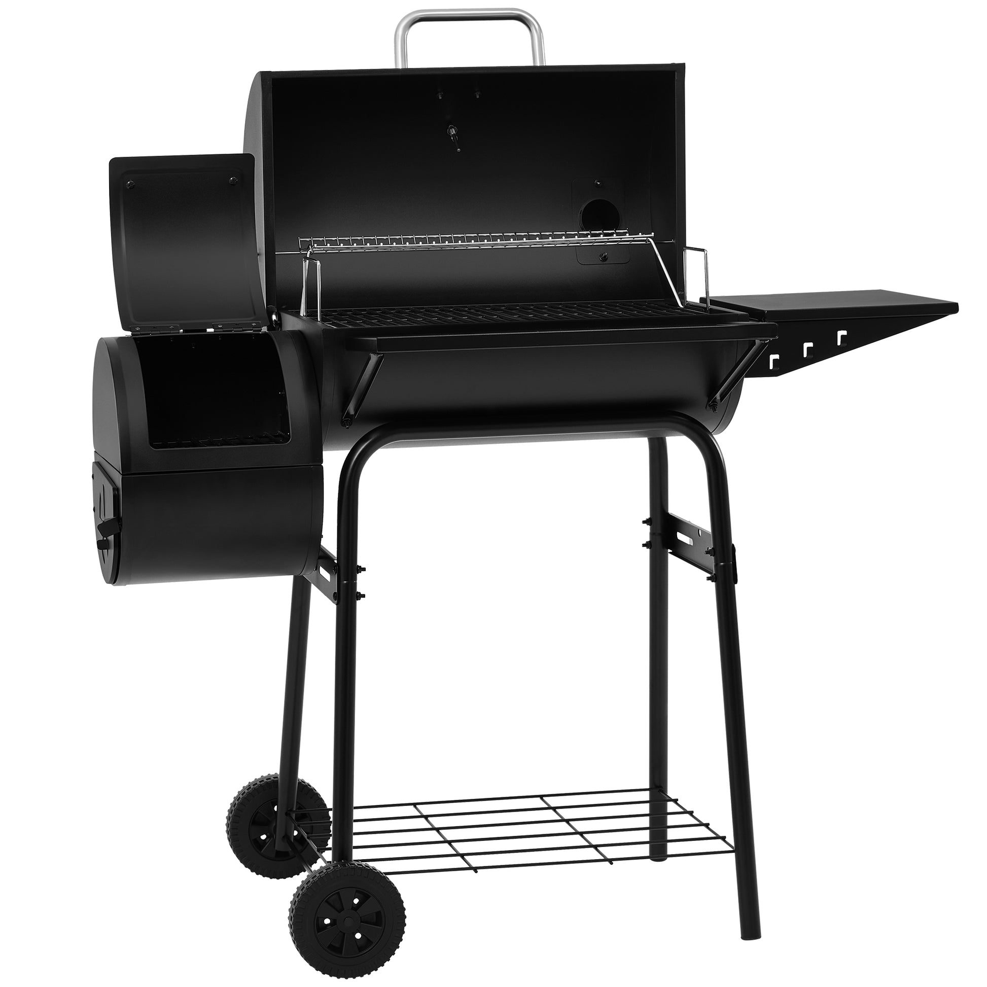 Black barbecue grill with wheels on a white background
