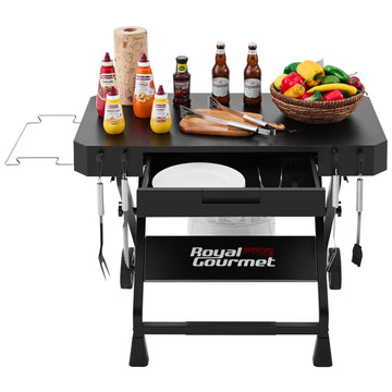 Royal Gourmet  Black folding kitchen island with food items and Royal Gourmet branding on a white background