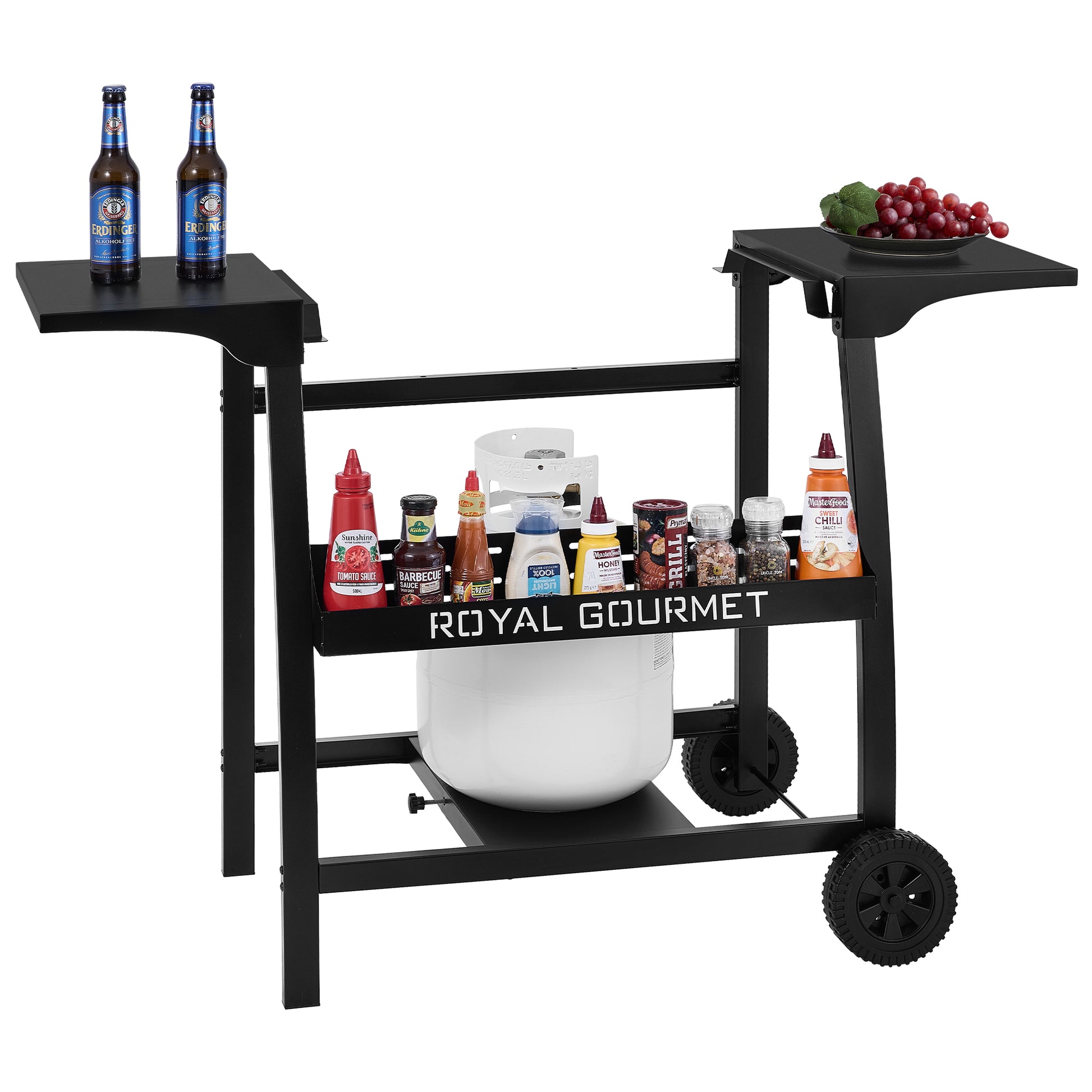 Royal Gourmet Black bar cart with food and drink items on a white background