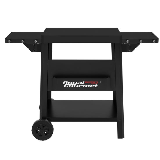 Black Royal Gourmet gas grill cart with side tables, a lower storage shelf, and a single front wheel, shown on a white background.