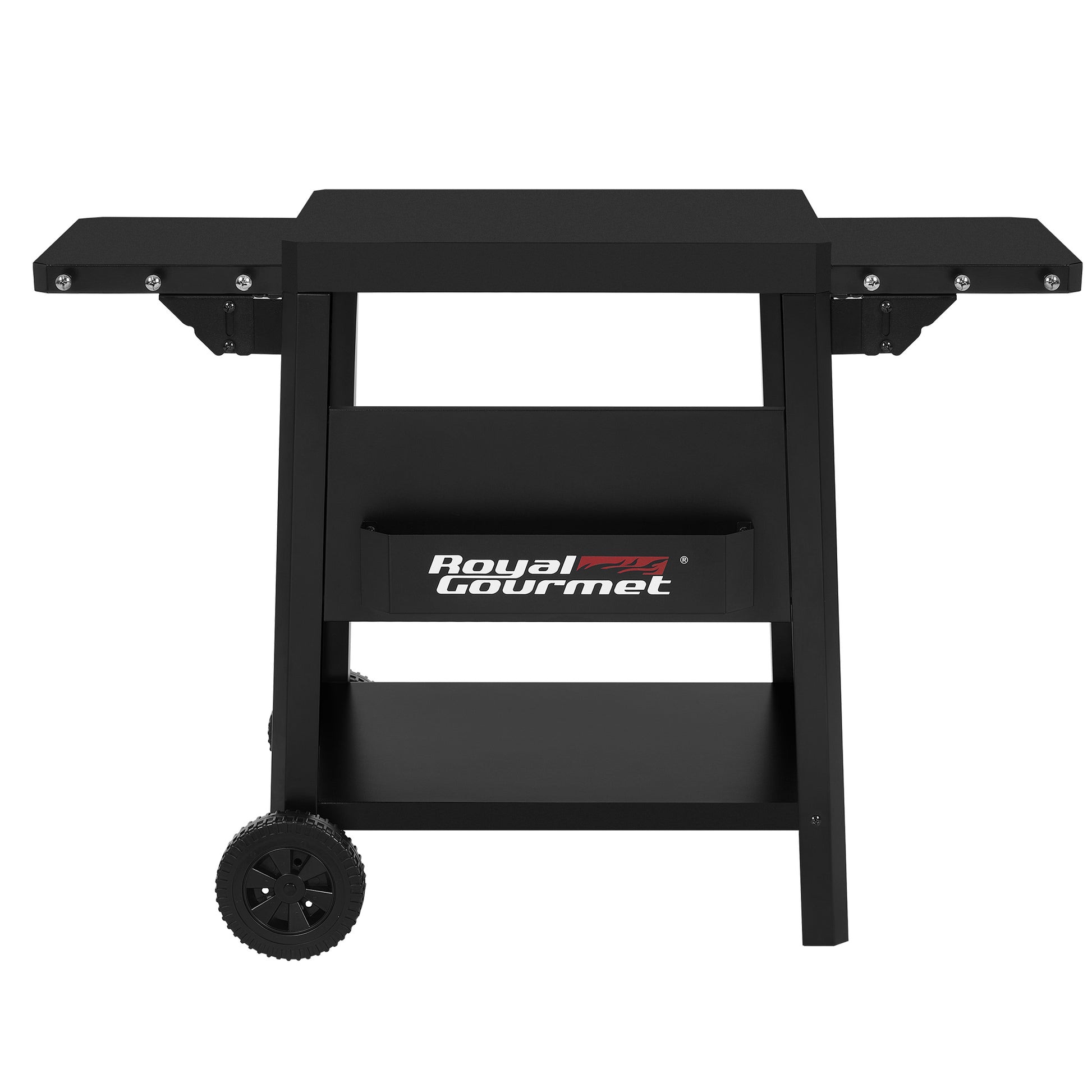 Black Royal Gourmet gas grill cart with side tables, a lower storage shelf, and a single front wheel, shown on a white background.