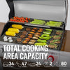 Royal Gourmet Grill with various food items cooking on different grates, with text indicating cooking capacity.