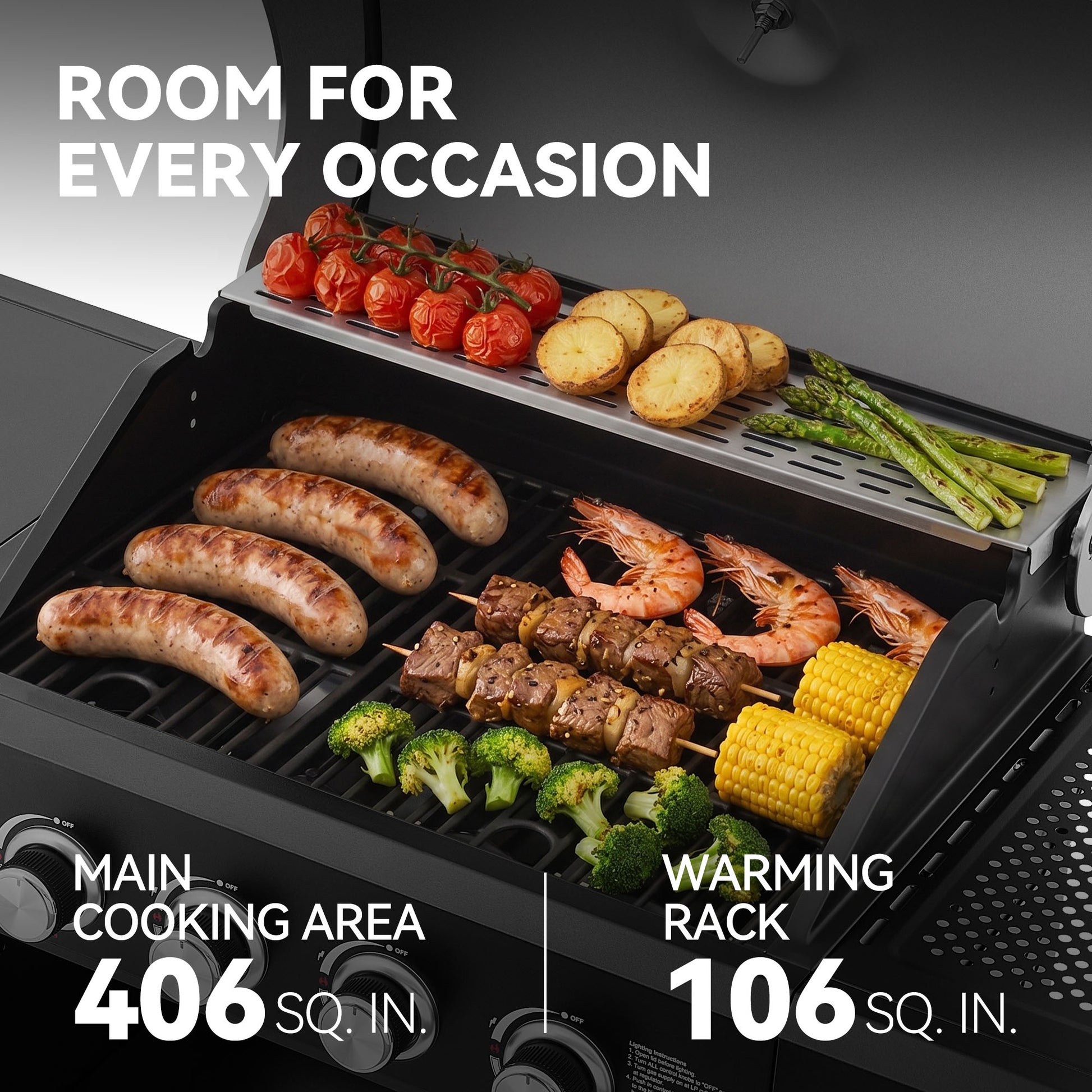 Royal Gourmet Grill with food items on a black background, featuring text about cooking area and warming rack.