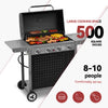 Royal Gourmet Barbecue grill with food on a white background, featuring text about cooking space and servings capacity.