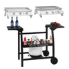 Outdoor cooking cart with Royal Gourmet griddle, bottles, and condiments on a white background