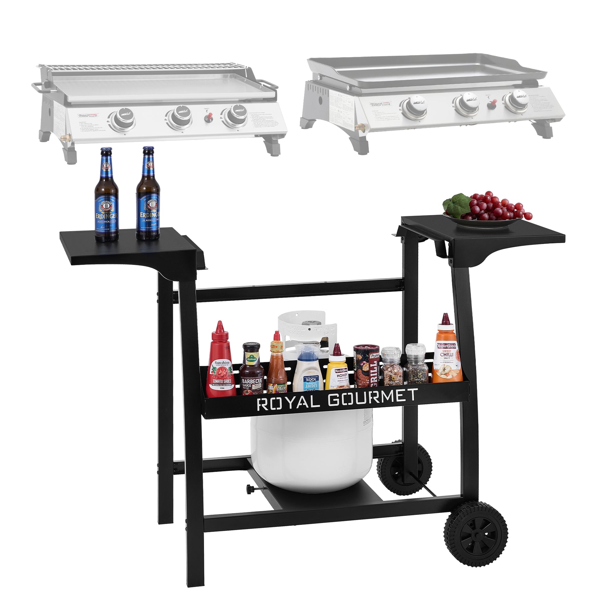Outdoor cooking cart with Royal Gourmet griddle, bottles, and condiments on a white background
