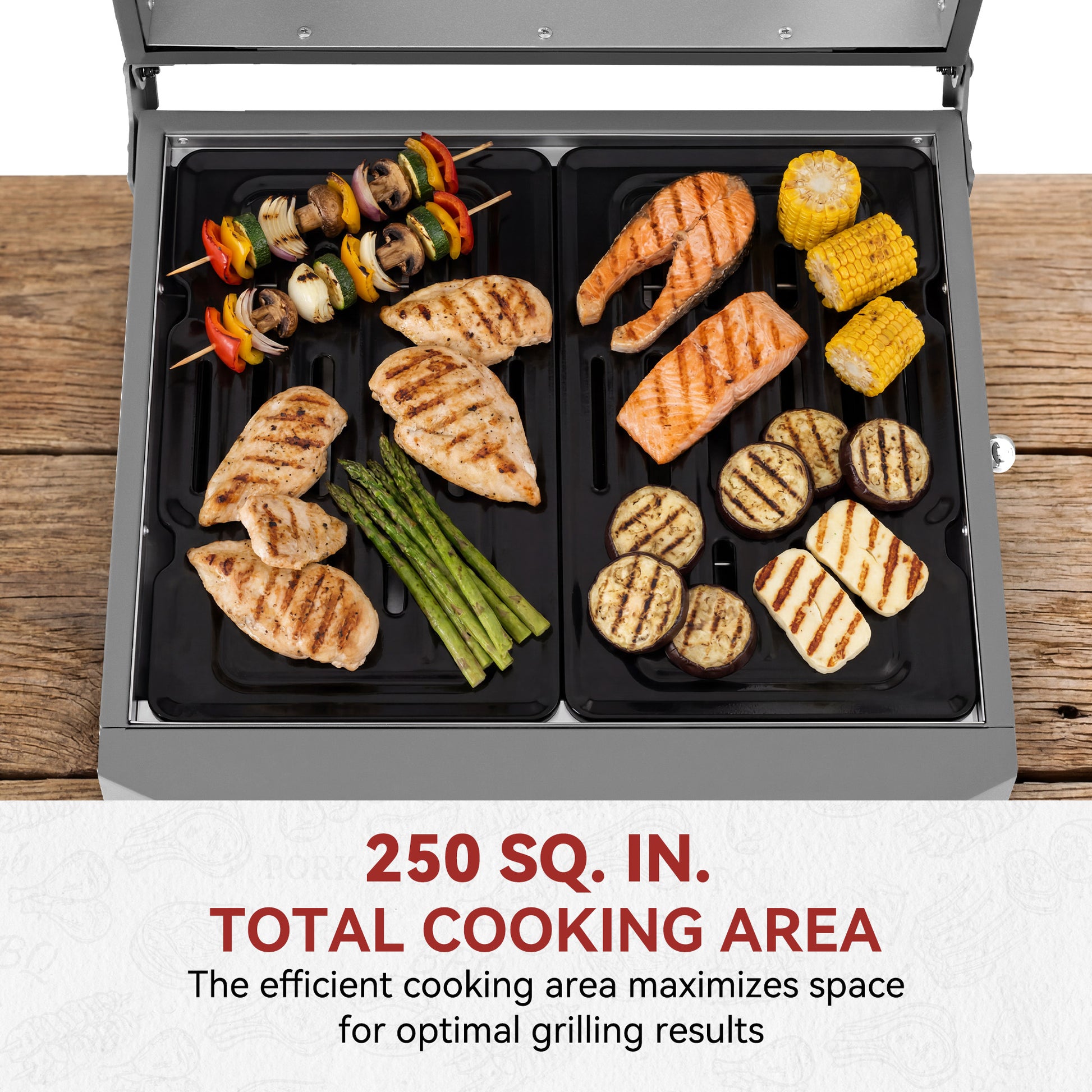 A top-down view of a two-burner Royal Gourmet portable grill with food cooking on black grates, placed on a wooden surface. The grill lid is open, and text at the bottom reads '250 SQ.