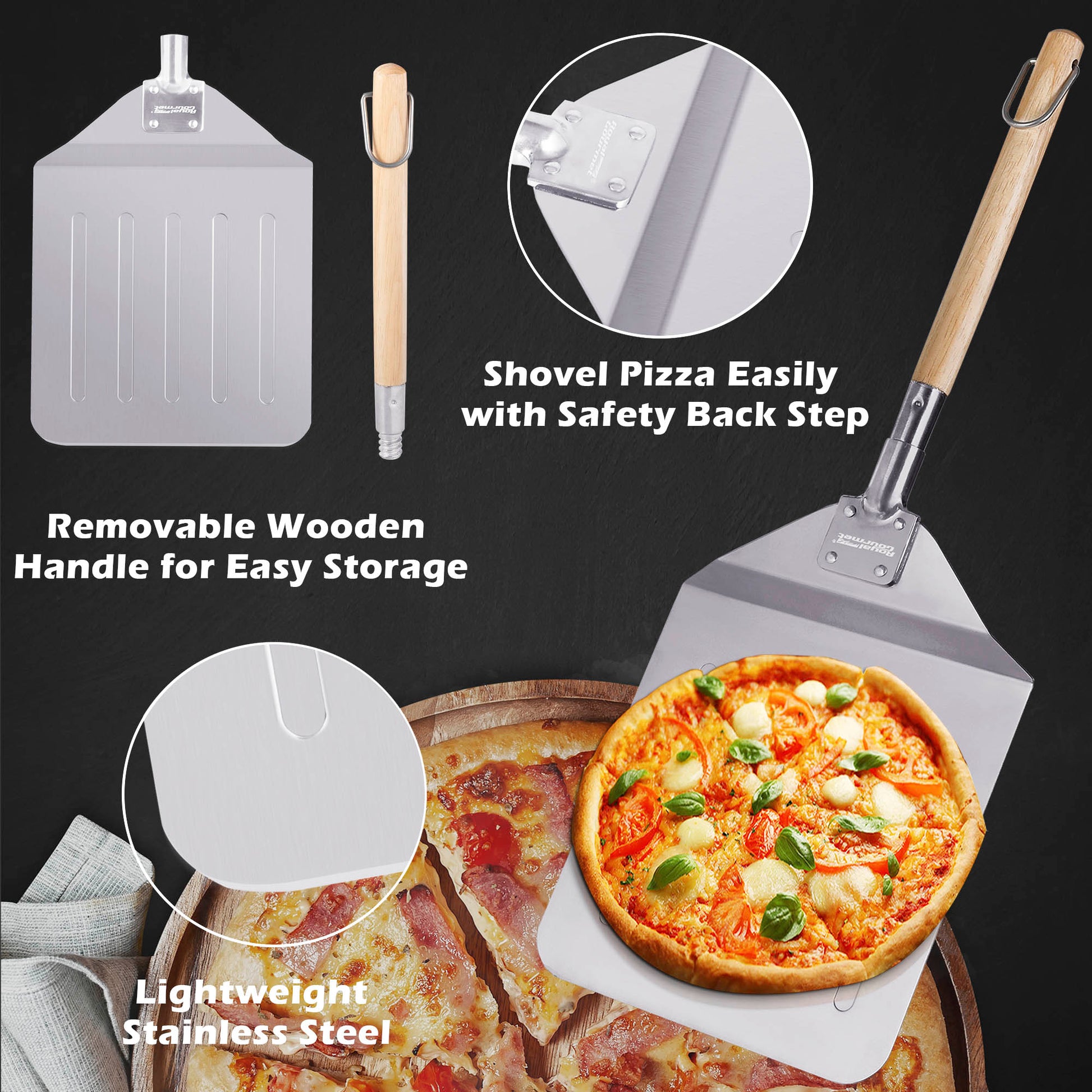 Royal Gourmet Pizza shovel with wooden handle and safety back step, used to lift pizzas.