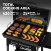 Grill with various food items being cooked, featuring the brand 'Royal Gourmet'.