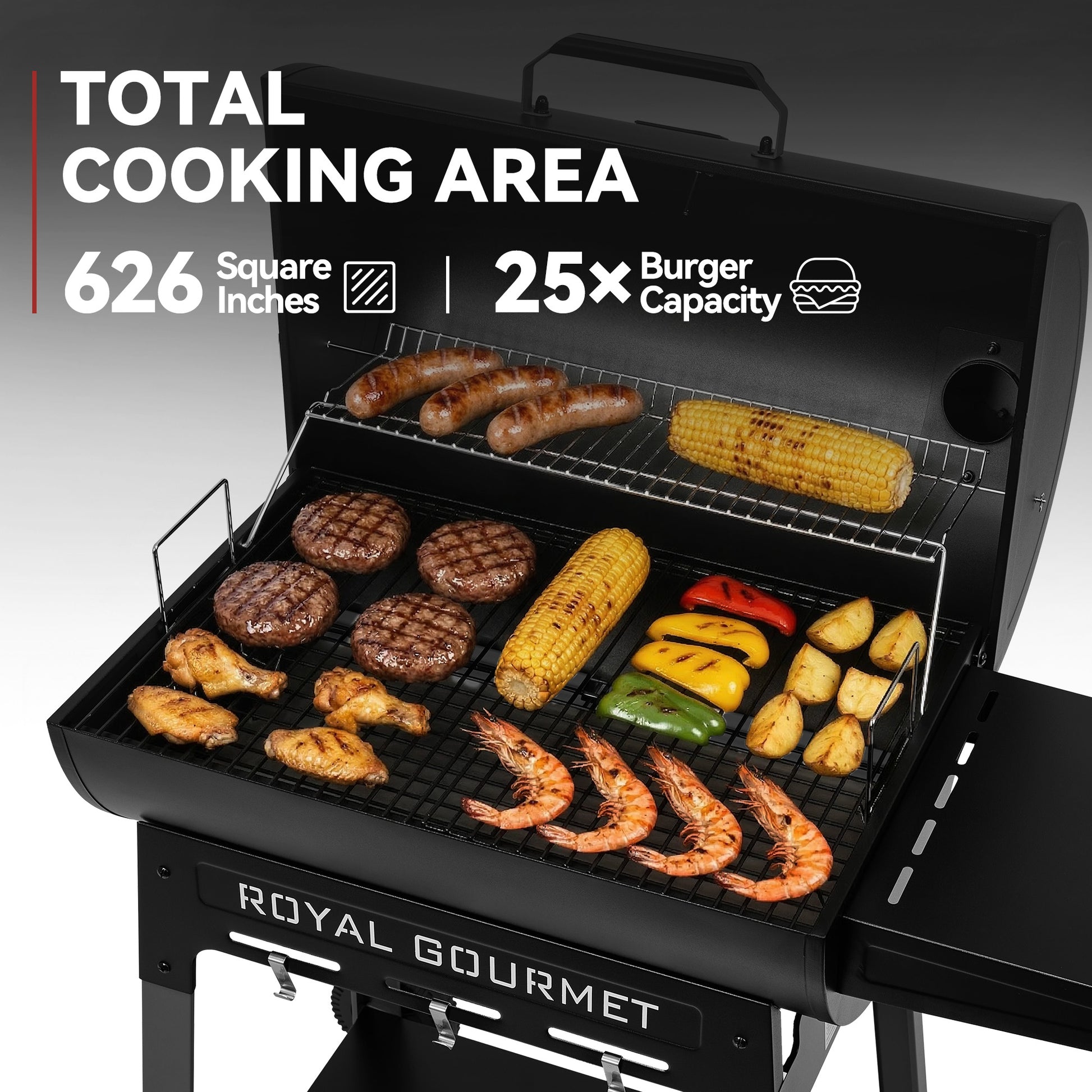 Grill with various food items being cooked, featuring the brand 'Royal Gourmet'.