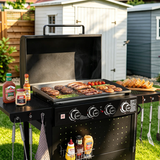 A black outdoor Royal Gourmet gas grill with the lid open, cooking burgers, sausages, steak, and tomatoes on a flat griddle tray. The grill is set on a grassy lawn in a backyard with a white shed and wooden fence in the background.