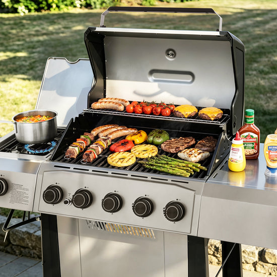 A stainless steel Royal Gourmet gas grill outdoors on a lawn, loaded with grilled meat, vegetables, and a pot of soup on its burners. Condiment bottles sit on the side, and the grill lid is open to show the cooking food.