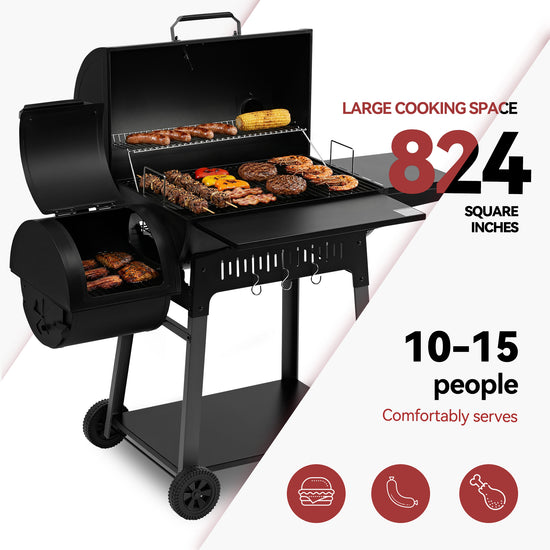 Royal Gourmet Black barbecue grill with food on a white background, featuring text about cooking space and servings capacity.