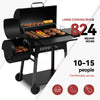 Royal Gourmet Black barbecue grill with food on a white background, featuring text about cooking space and servings capacity.