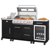 A large black and stainless steel outdoor kitchen island with a built-in Royal Gourmet  gas grill, side cabinet, drawers, and a wine cooler door, shown on a white background with food and bottles as props.