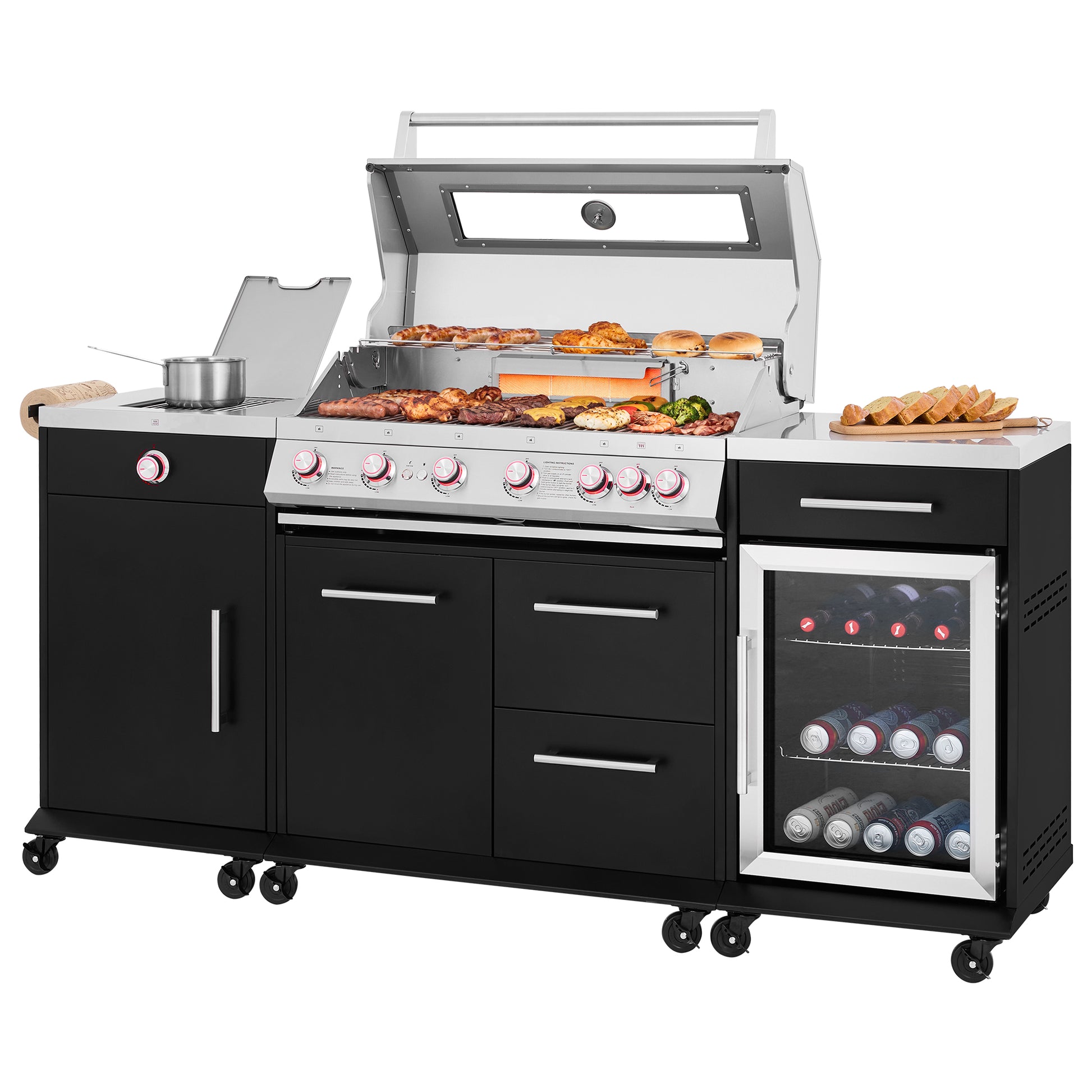 A large black and stainless steel outdoor kitchen island with a built-in Royal Gourmet  gas grill, side cabinet, drawers, and a wine cooler door, shown on a white background with food and bottles as props.