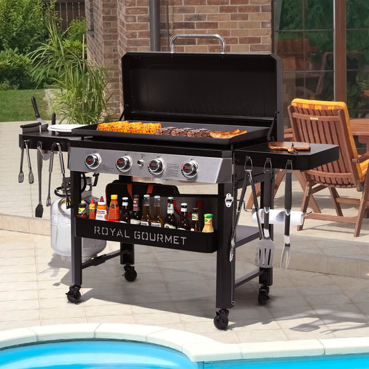 Royal Gourmet GB4007P propane griddle in use at outdoor backyard cookout