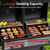 A large black multi-zone Royal Gourmet outdoor grill shown open with food cooking on the grates and shelves. Text at the top reads 'Large Cooking Capacity' and 'Ideal for family gatherings and outdoor BBQs,' with callout labels noting 411.